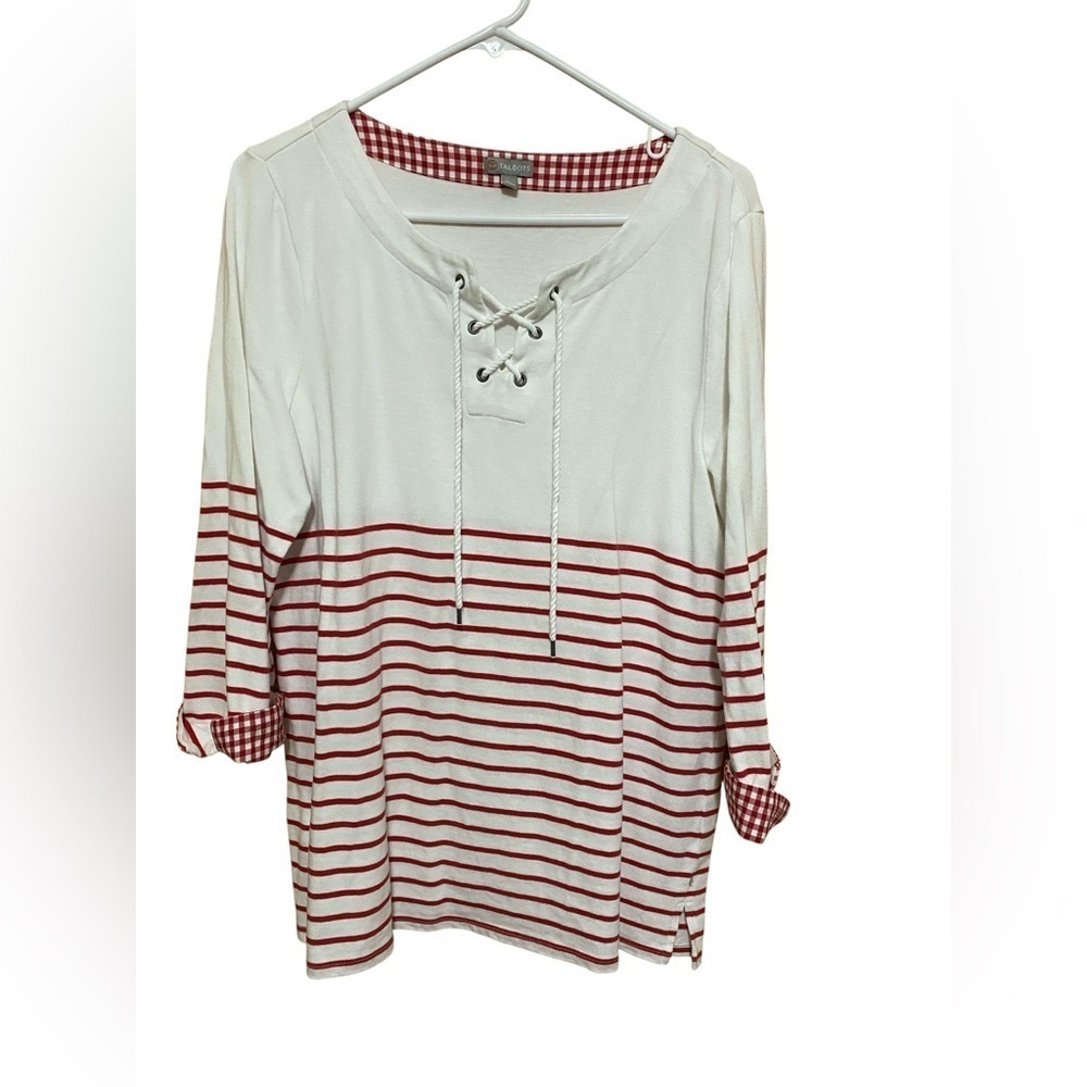 Talbots Red & White Stripe Gingham Lace Up 3/4 Sleeve Nautical Top, Size Large.